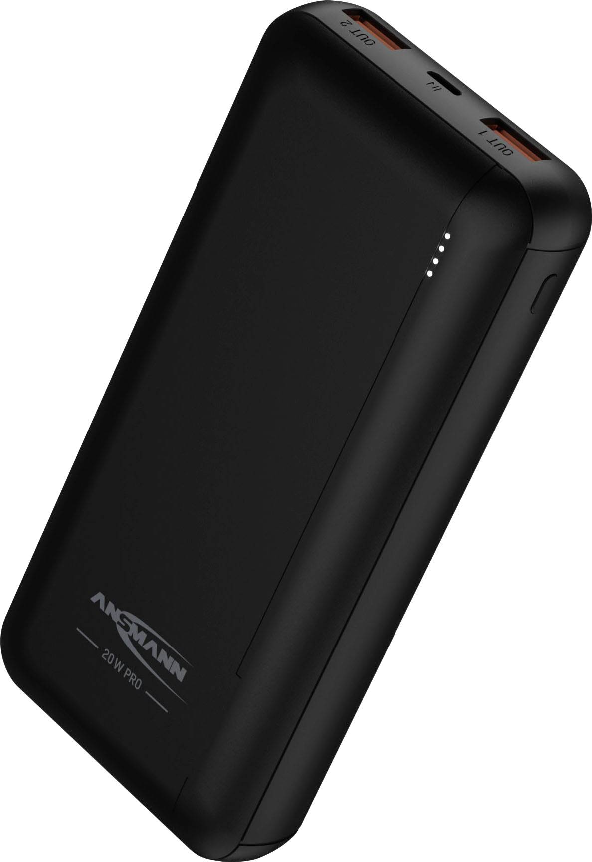 Draagbare, zwarte oplader met twee USB-poorten en vier LED-indicatoren voor laadstatus.