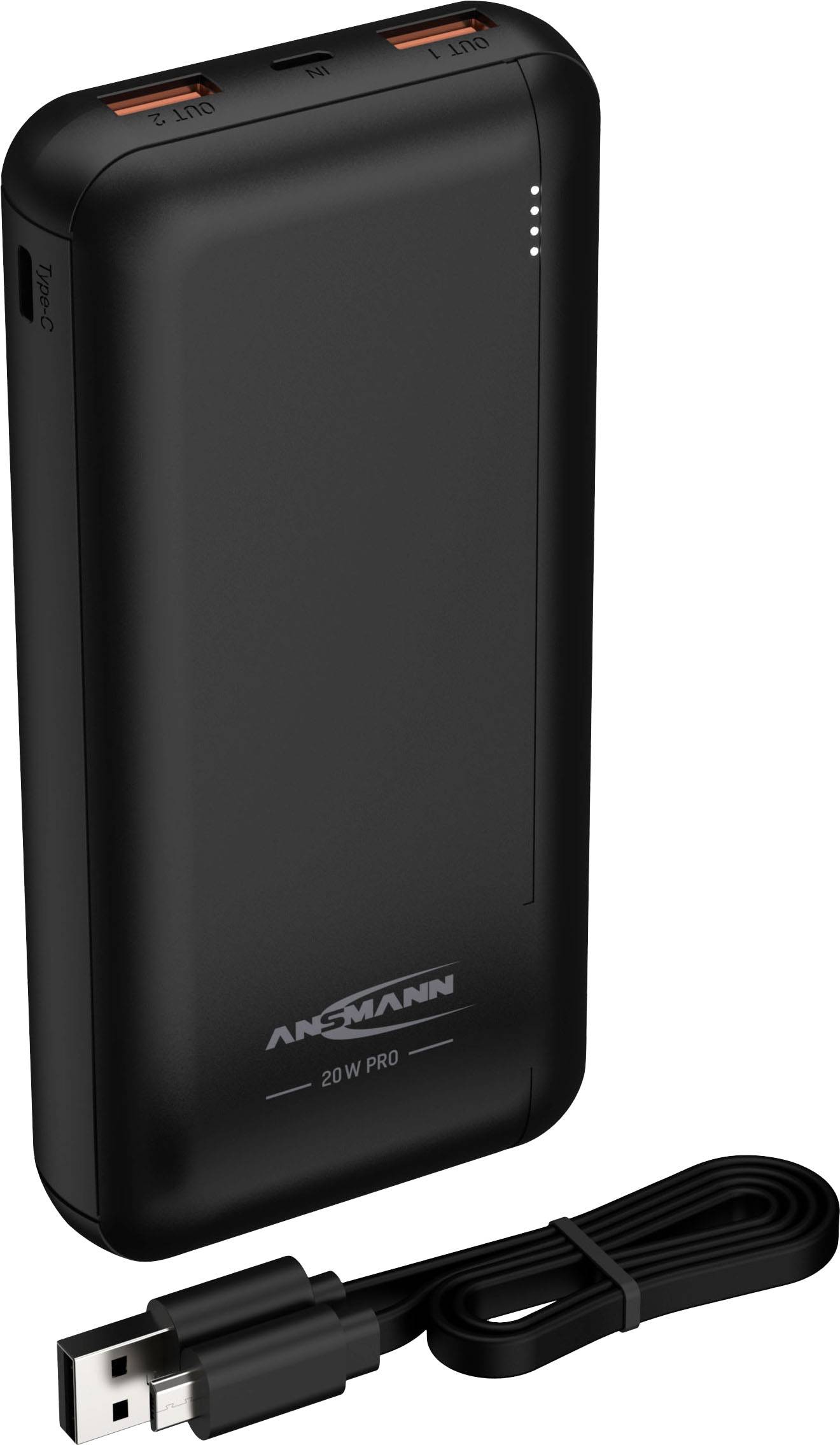 Een zwarte powerbank met twee USB-poorten en een meegeleverde USB-kabel. De voorkant toont vier oplaadstatusindicatoren.
