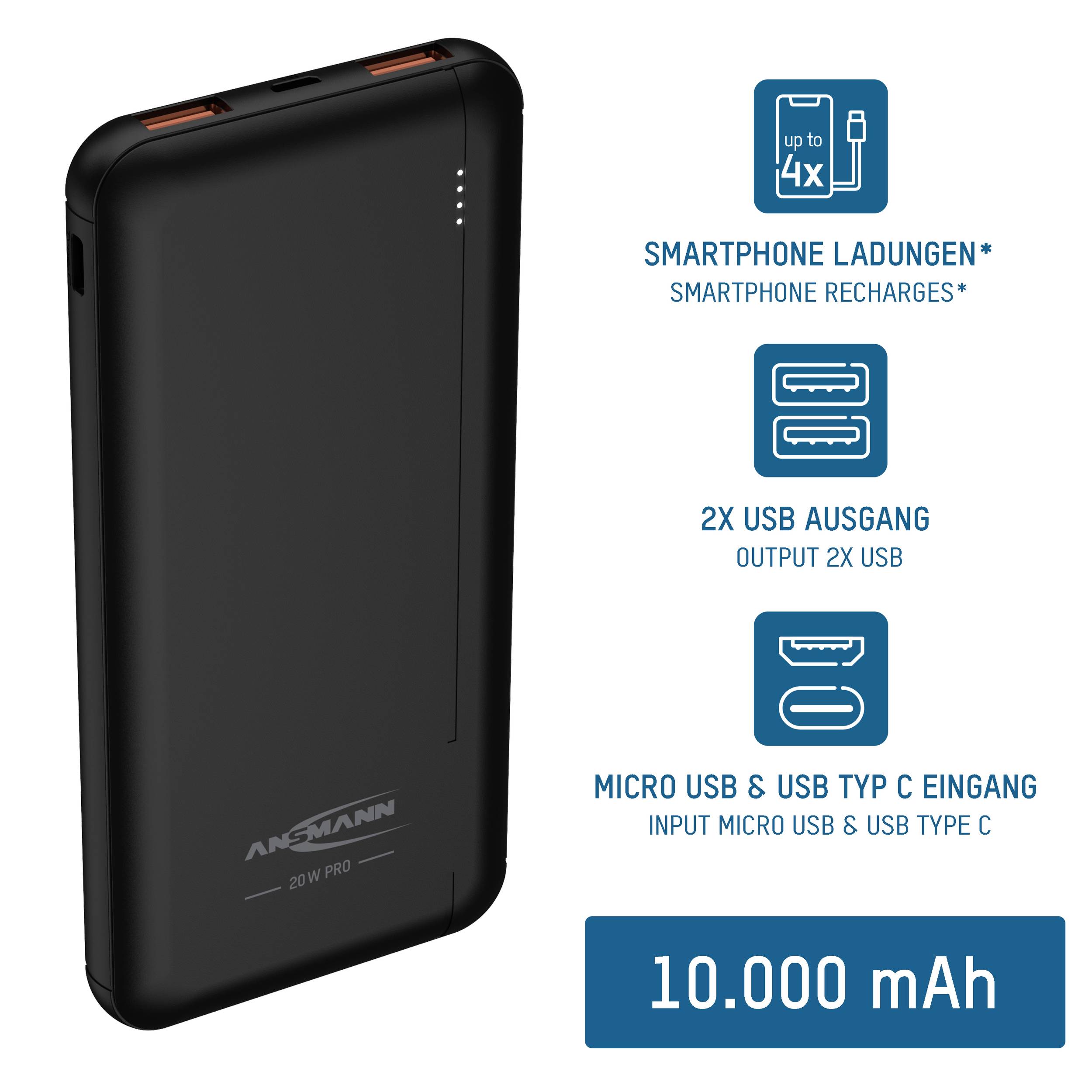 'Zwarte powerbank, 10.000 mAh capaciteit, twee USB-uitgangen, micro-USB en USB-C ingangen, biedt tot vier smartphoneopladers.'