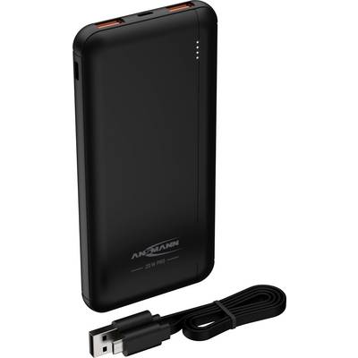 Zwarte powerbank met twee USB-poorten, liggend op een wit oppervlak, met naast zich een opgerold USB-kabel.