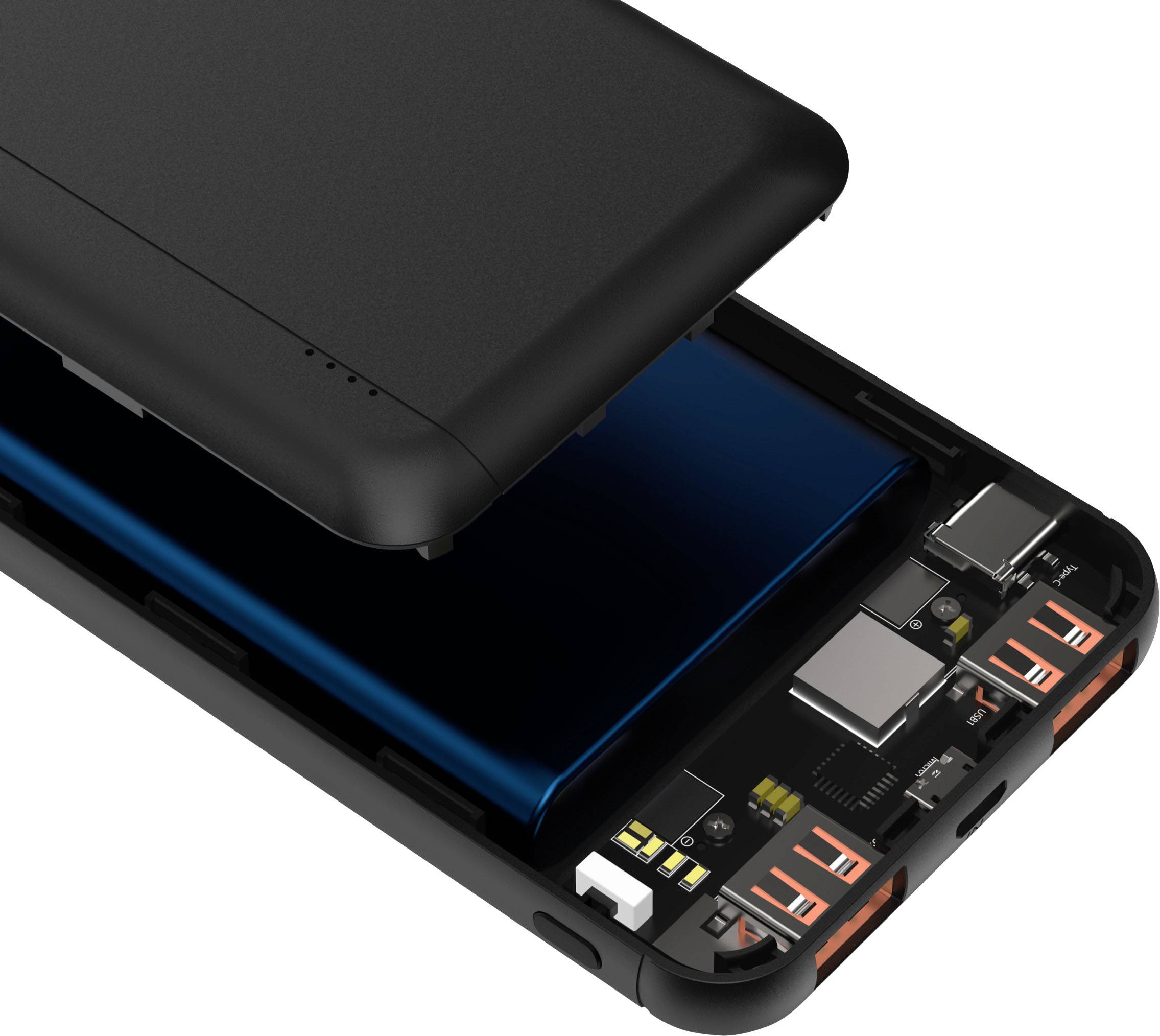 Smartphone met verwijderde achterkant toont interne componenten zoals batterij en printplaat.