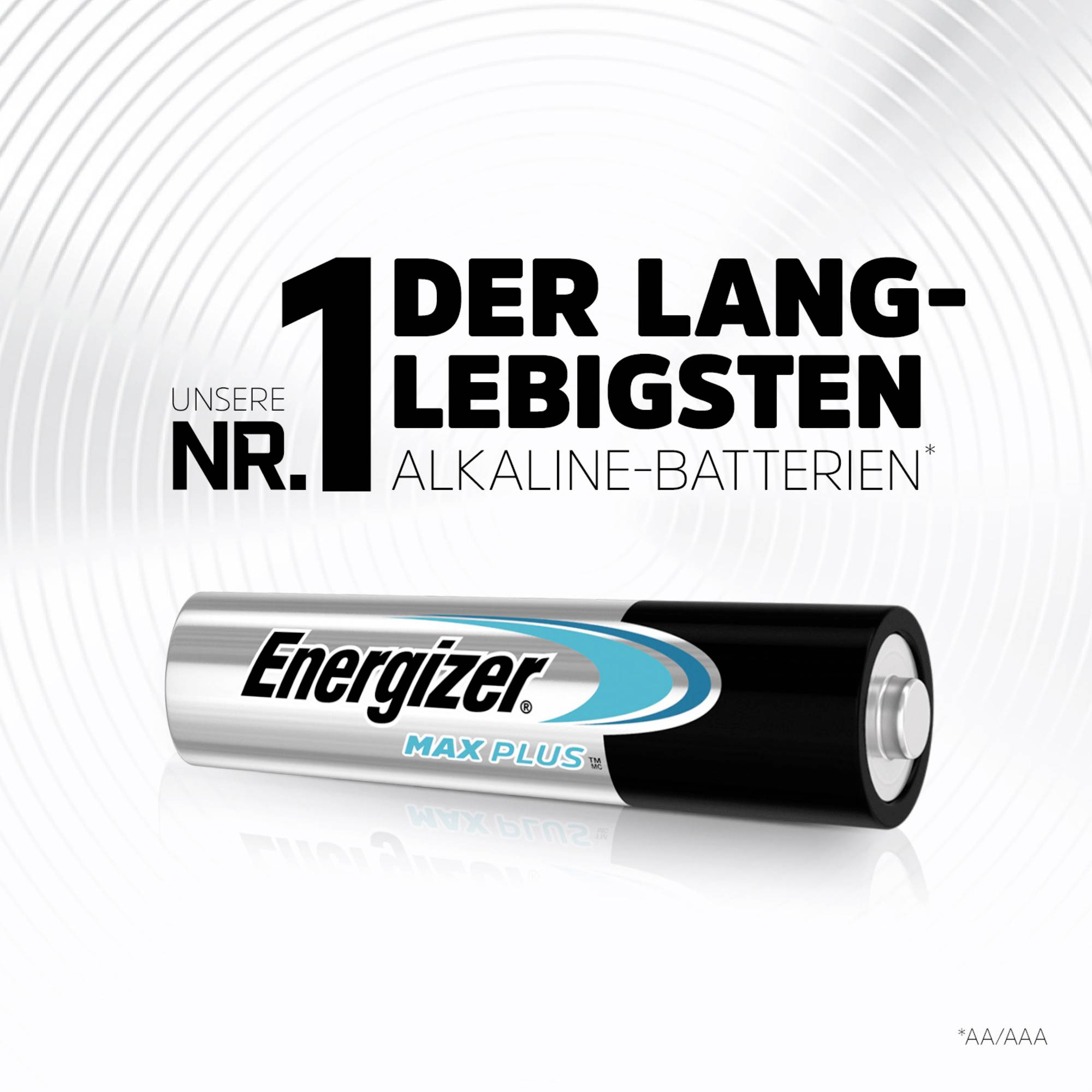 'Energizer Max Plus Batterij' voor een zilveren achtergrond met de tekst 'De langstlevende Alkaline-batterijen' in hoofdletters.