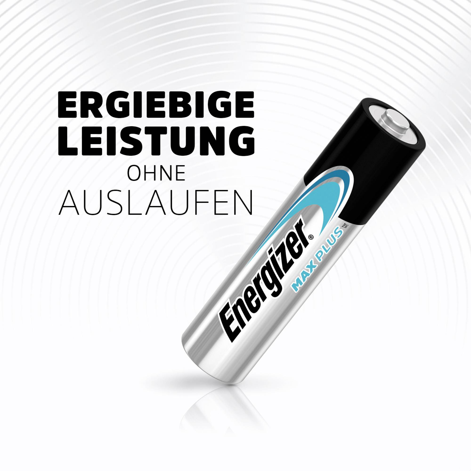 Batterij met opschrift 'Energizer Max Plus', geaccentueerd door de slogan 'Rijke prestatie zonder lekkage'.