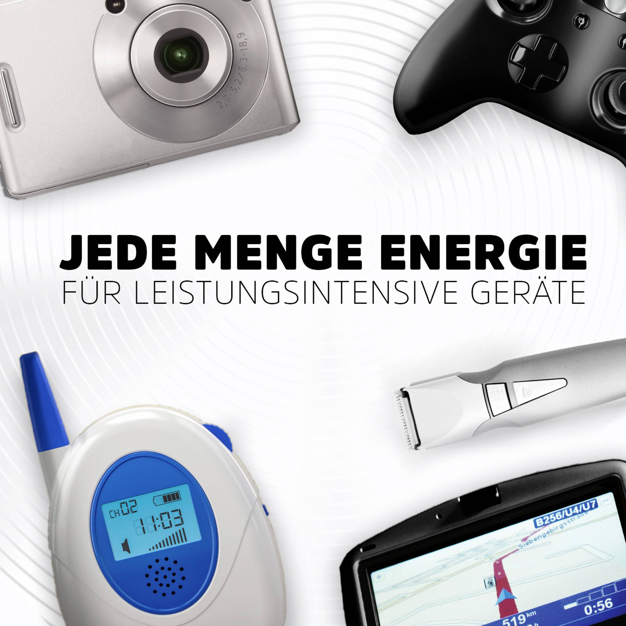 Digitale camera, videogame-controller, elektrisch scheerapparaat, draagbare muziekapparatuur; Tekst: 'Massa energie voor hoogvermogen apparaten'.