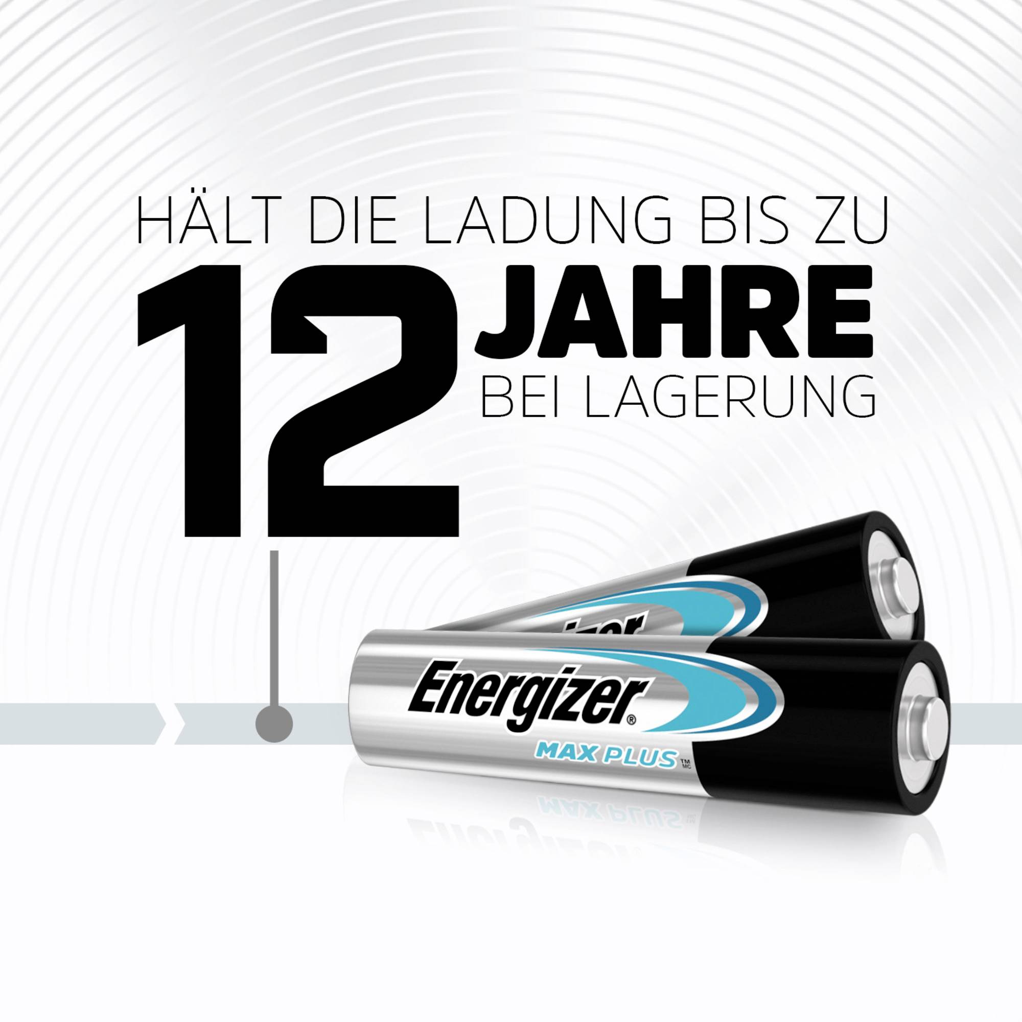 Twee Energizer Max Plus Batterijen; Tekst: 'Behoudt de lading tot 12 jaar bij opslag'.