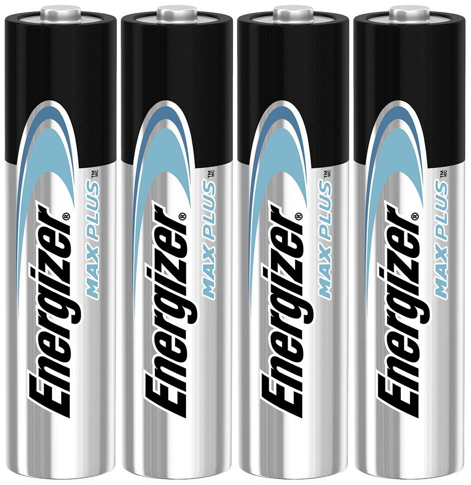 'Vier AA-batterijen van het merk Energizer Max Plus, naast elkaar geplaatst. Ze zijn gepositeerd tegen een witte achtergrond.'