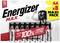 Acht Energizer Max AA-batterijen in een Maxi-Pack. Op de afbeelding staat de mascotte van het product. Tekst: '100% langer werkend'.