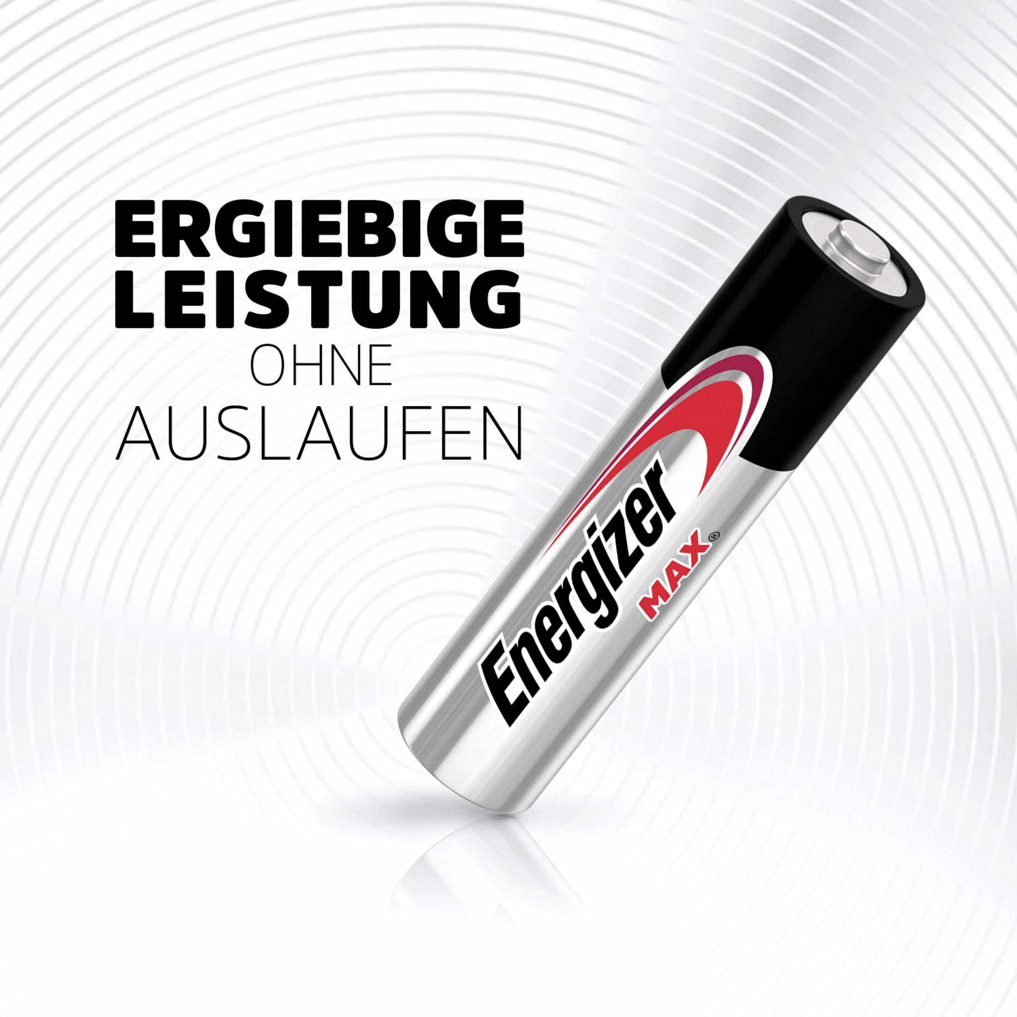 Batterij met opschrift 'Energizer MAX'. Tekst ernaast: 'Rijke prestaties zonder lekkage'. Witte achtergrondontwerp.