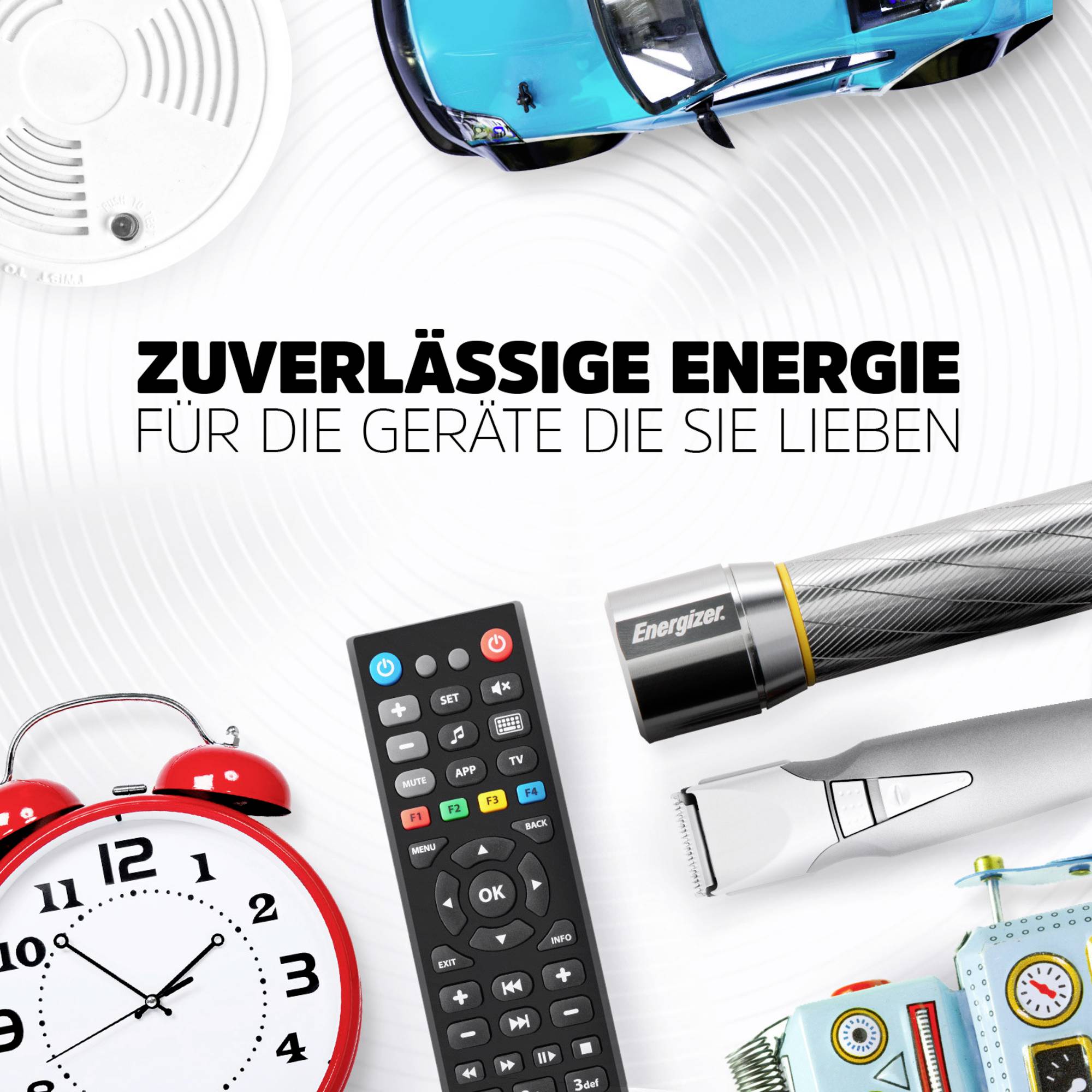 'Betrouwbare energie voor de apparaten die u dierbaar zijn.' Afgebeeld zijn een rookmelder, een speelgoedauto, een wekker, een afstandsbediening en een scheerapparaat.