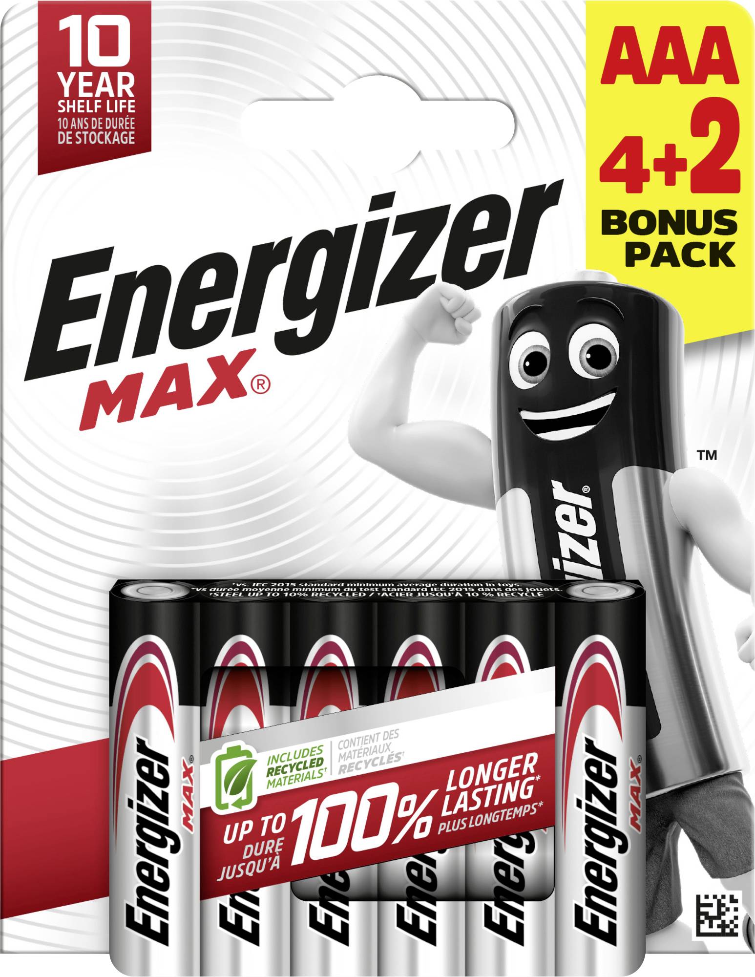Energizer Max AAA-batterijenpakket met 6 batterijen. Uitgelichte eigenschappen: 10 jaar houdbaarheid, 100% langere levensduur.