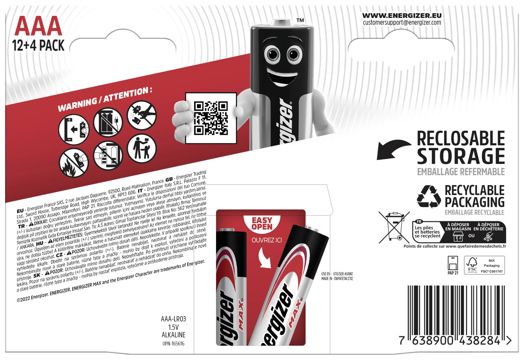 Achterkant van een AAA 16-pack batterijen. Veiligheidswaarschuwingen en -symbolen. Verpakking is opnieuw sluitbaar en recyclebaar.