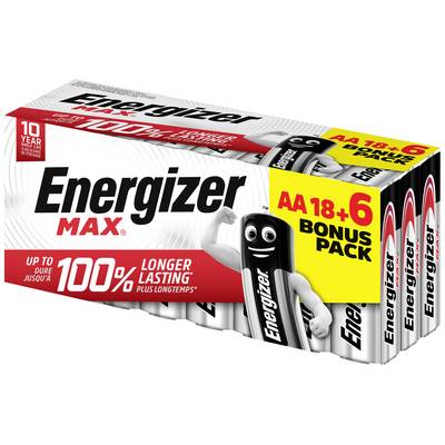 'Energizer MAX' batterijverpakking, AA 18+6 bonusverpakking, belooft tot 100% langere levensduur. Verpakking met mascottegelijkende figuur.