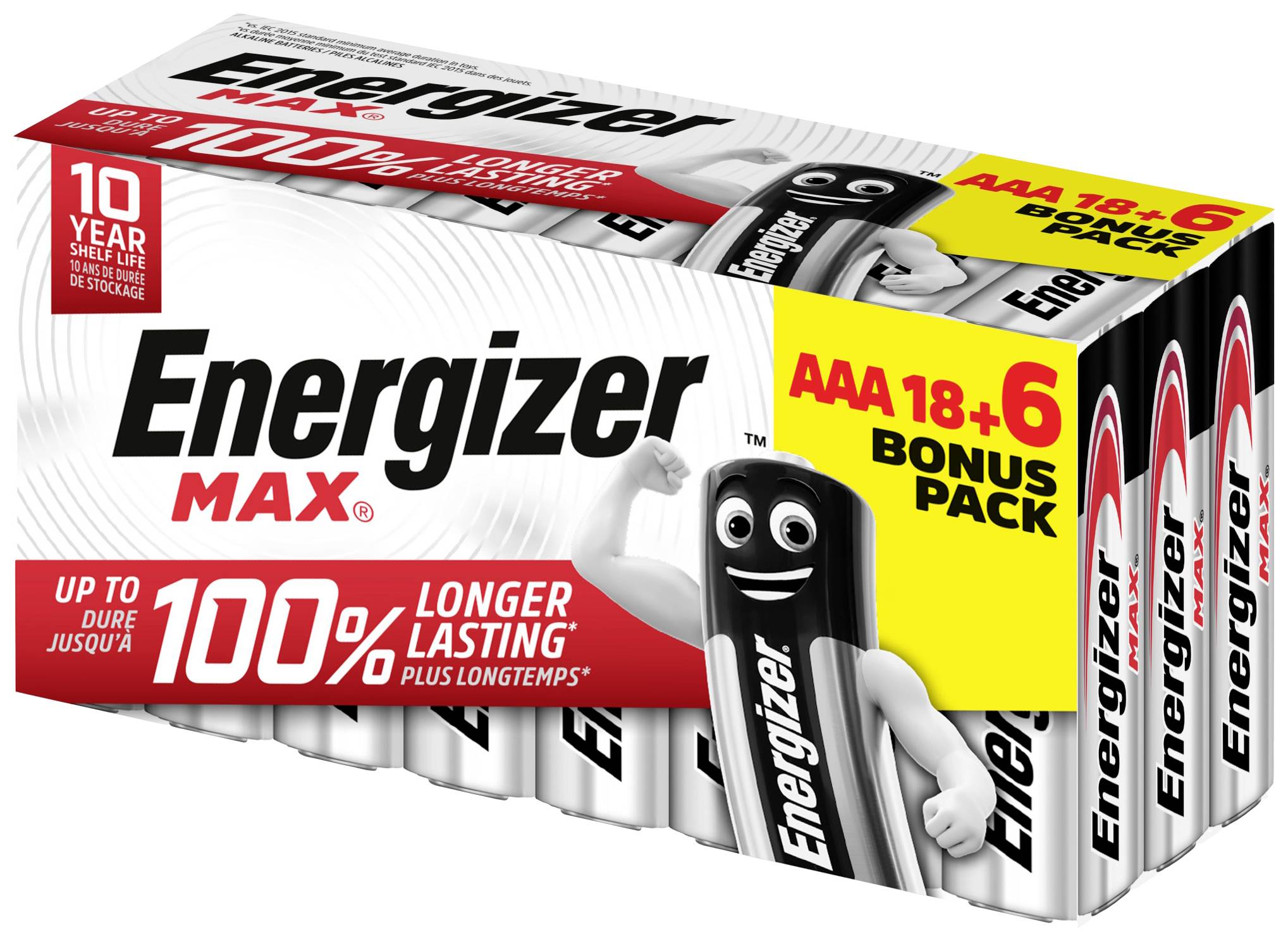 Verpakking met 18 AAA-Energizer Max-batterijen plus 6 extra batterijen, benadrukt lange levensduur en 10 jaar opslagstabiliteit.