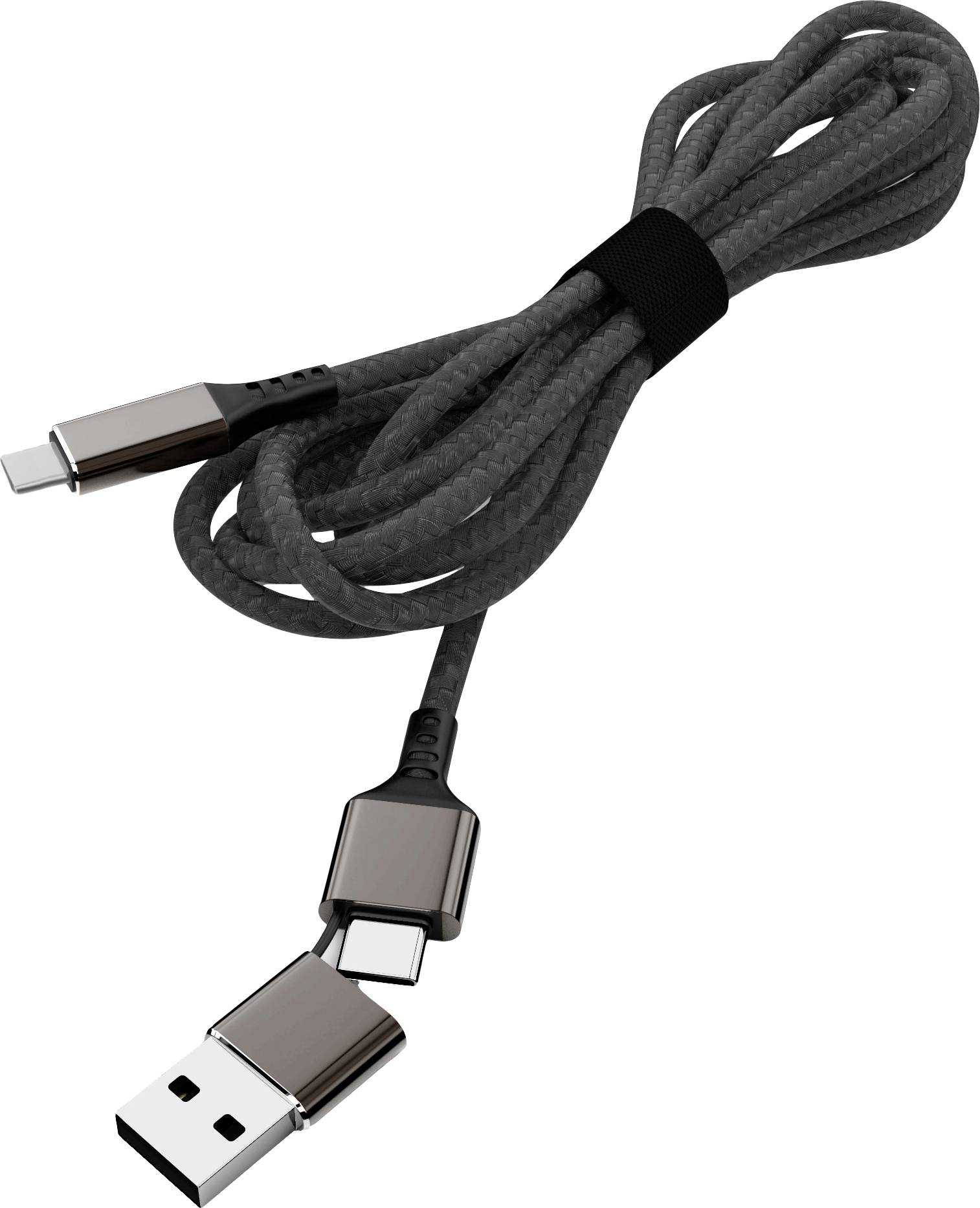 Zwart oplaadkabel met USB-A en USB-C aansluitingen, bijeengehouden met een klittenbandsluiting.