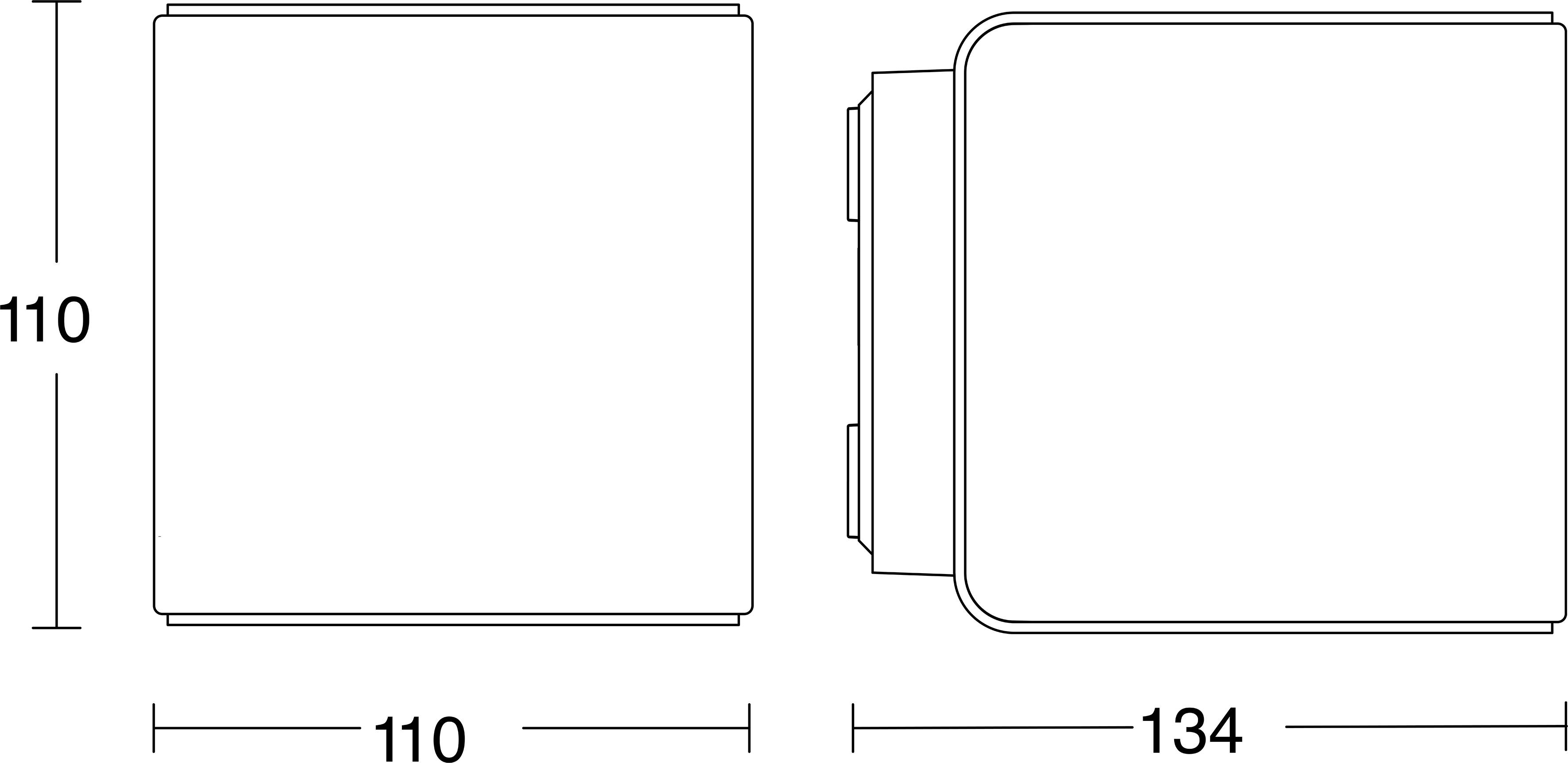 Diagram van een rechthoekig apparaat weergegeven in voor- en zijkanten, met afmetingen gelabeld 110 bij 110 en 134.