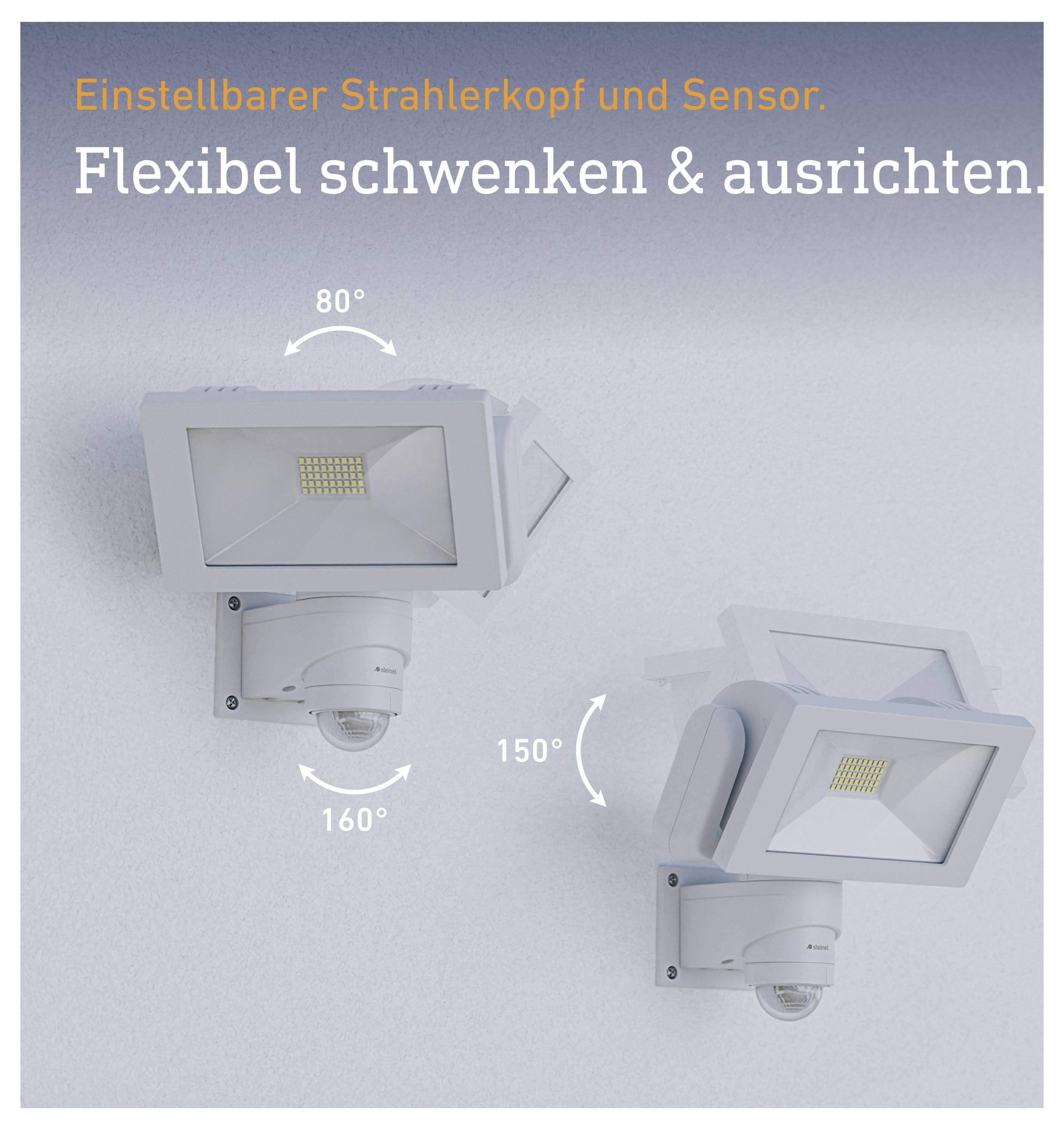 Reclame-afbeelding van een draaibare LED-spot met sensor; tekst vermeldt flexibele oriëntatie en draaibereiken van 80°, 150° en 160°.