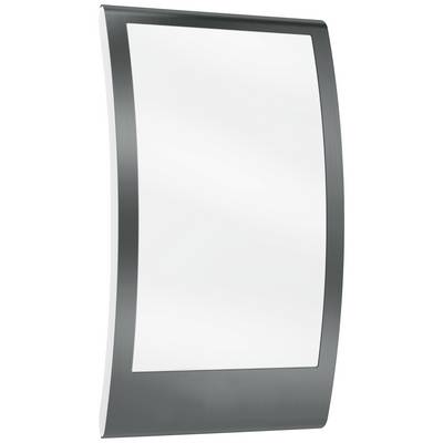 Een rechthoekige, licht gebogen spiegel met een zwarte lijst die aan de muur hangt.
