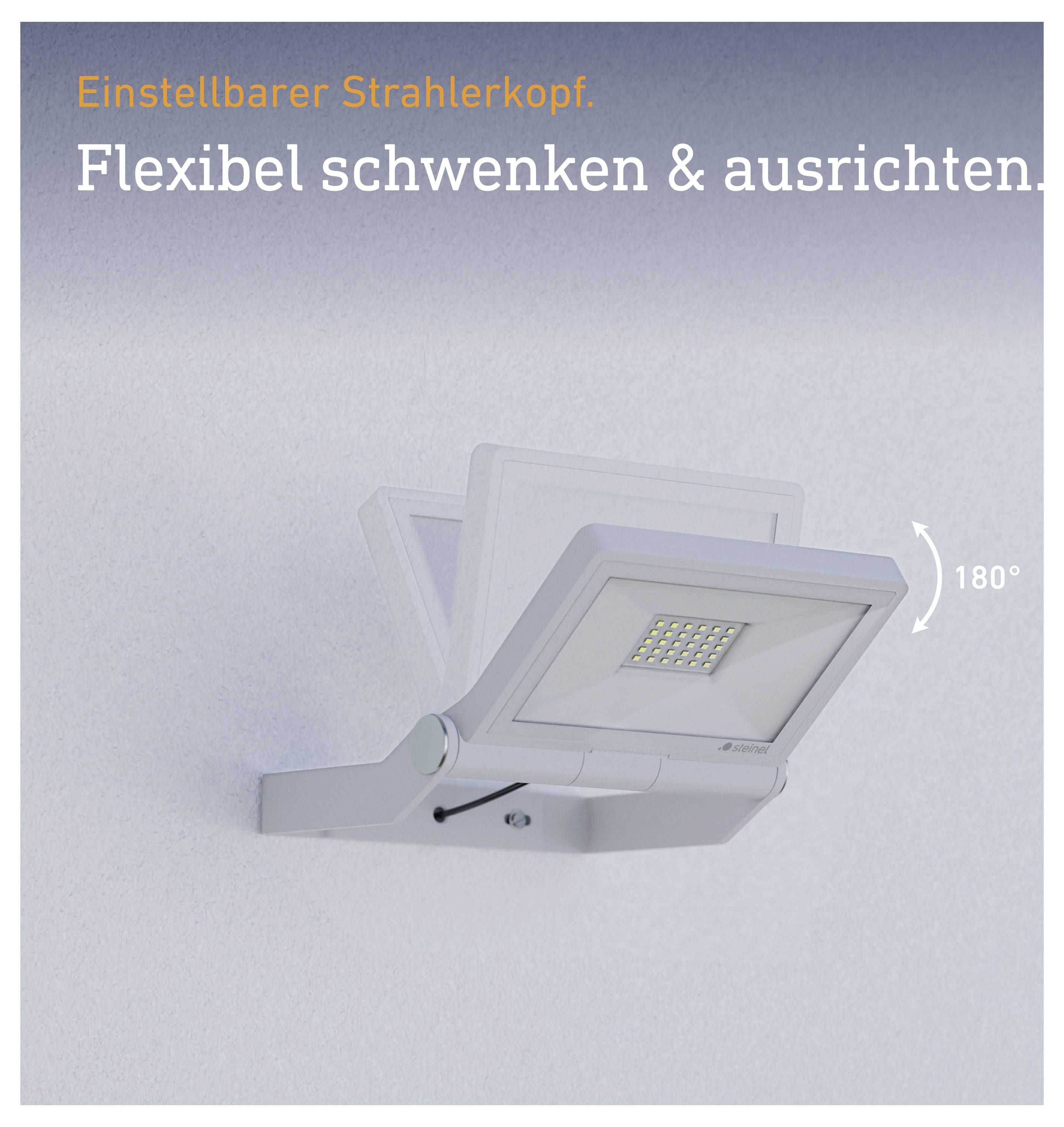 Verstelbare LED-spotterKop met 180° zwenkbereik; Tekst: 'Verstelbare spotterKop. Flexibel zwenken & uitrichten.'