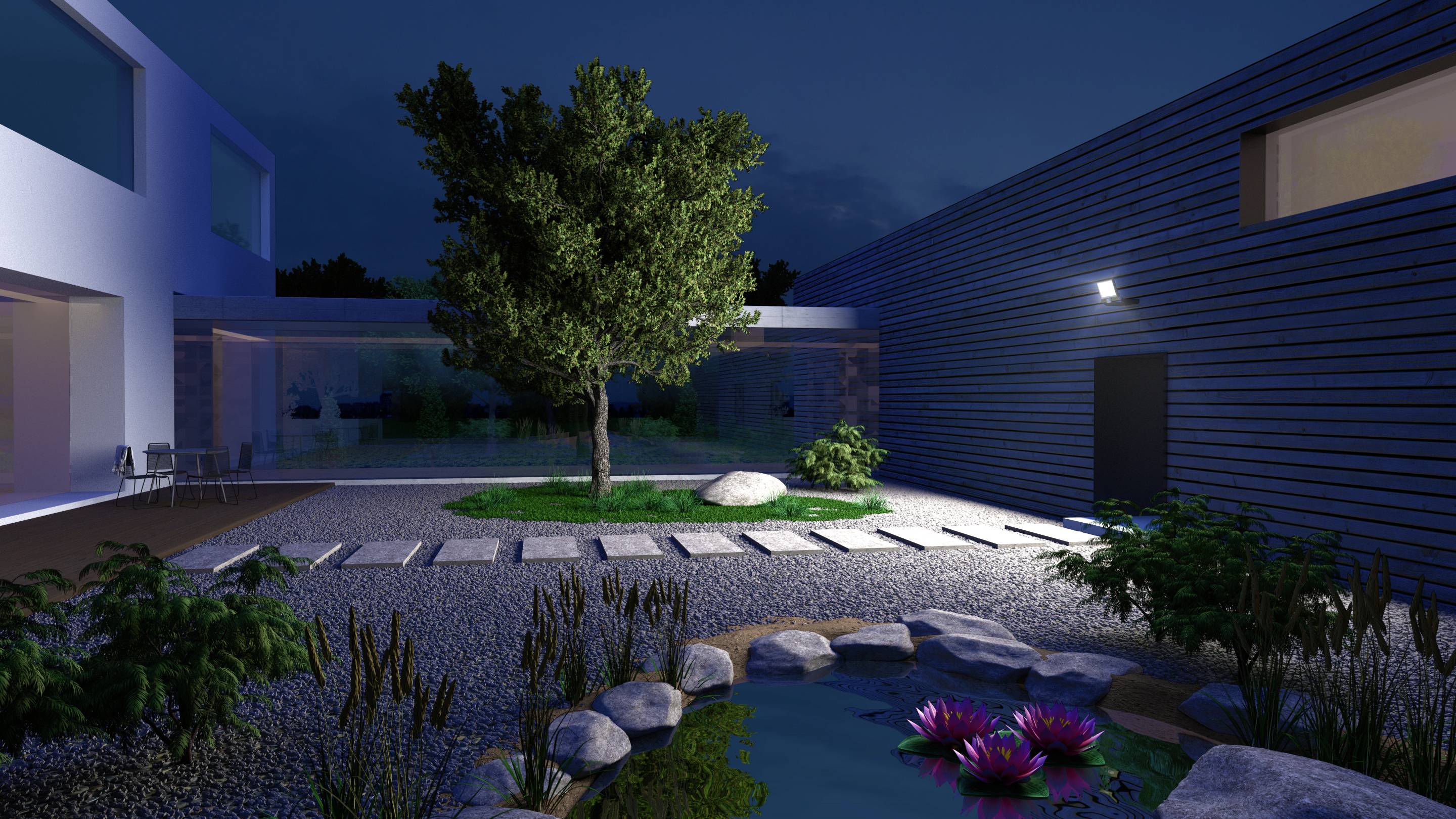 Moderne binnentuin 's nachts met verlichte boom, grindpad, rustige vijver met waterlelies en omringende, minimalistische gebouwen.