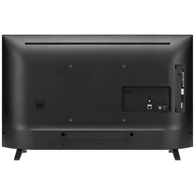 De achterkant van een televisie met aansluitingen: HDMI, Ethernet en stroomaansluiting. Plat design, zwarte kleur.
