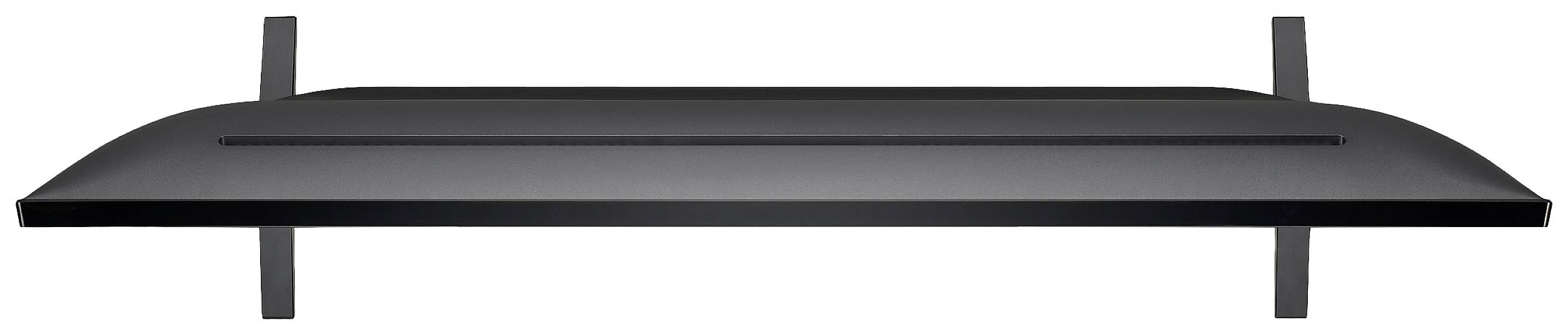 Zwart, minimalistisch wandrek met twee steunen. Rechthoekige vorm, geschikt voor boeken of decoratieve voorwerpen.