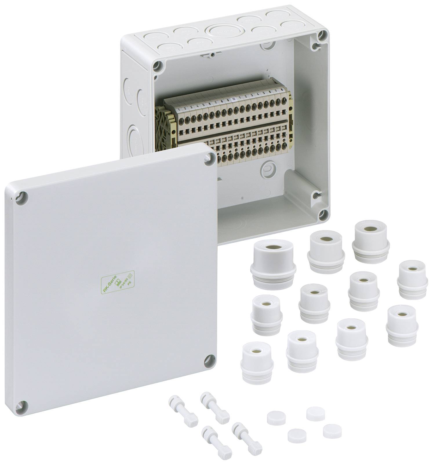 Elektrische verdeelkast open, toont de binnenbekabeling. Omgeven door verschillende kabelwartels en kleine kunststofonderdelen.