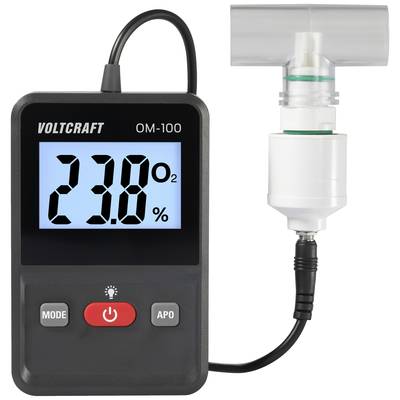 Een digitaal zuurstofmeetapparaat met display toont '23,8% O2'. Rechts is een aangesloten sensor. Merknaam: Voltcraft OM-100.
