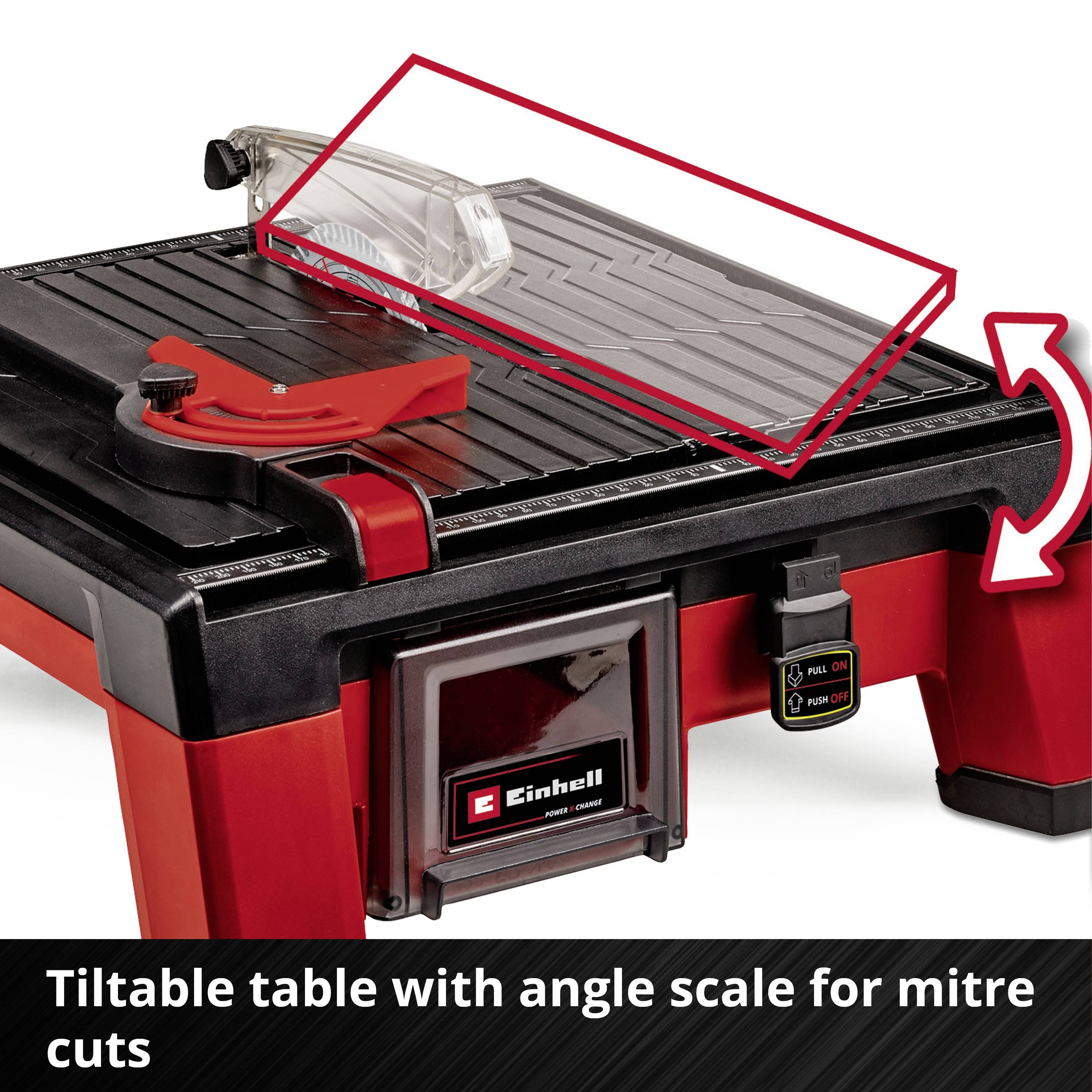 'Kantelbare tafel met hoekmeetschaal voor versteksnedes' toont een rood-zwarte machine die bedoeld is voor precisiegesneden materialen.