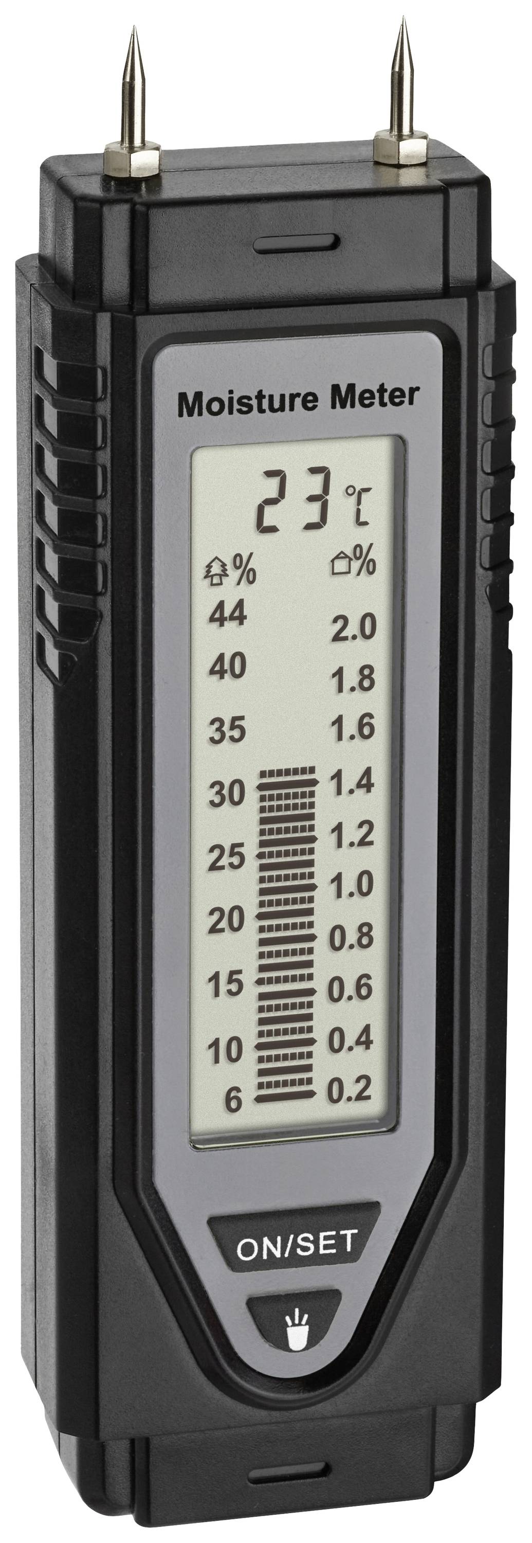 Vochtigheidsmeter met digitaal display, toont 23°C en vochtigheidswaardes in procenten van 0 tot 44, meetpennen bovenaan, aan-/uitknop onderaan.