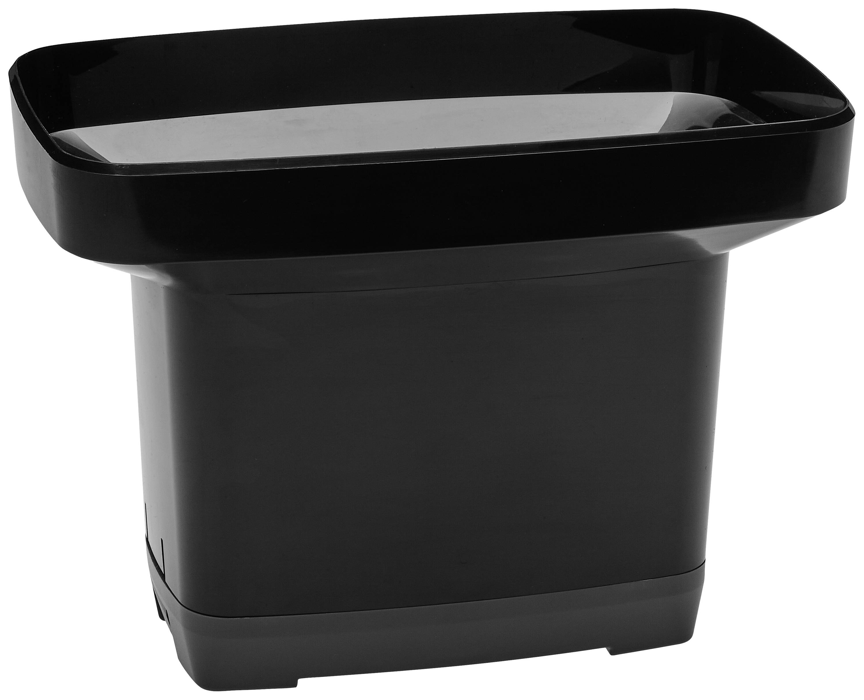 Een rechthoekige zwarte bloempot, geschikt voor binnen- en buitengebruik, met een brede rand en een strak design.