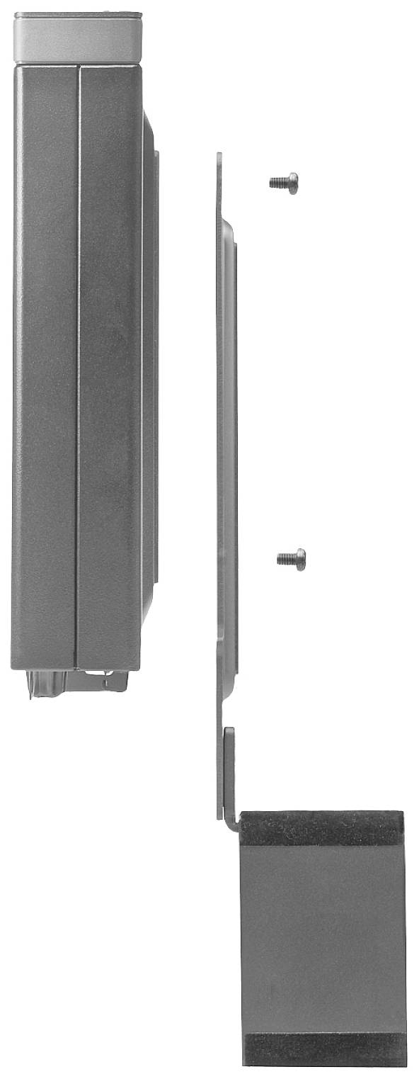 'Zijaanzicht van een smal, grijs apparaat met twee schroeven en een beugel die geschikt is voor wandmontage.'