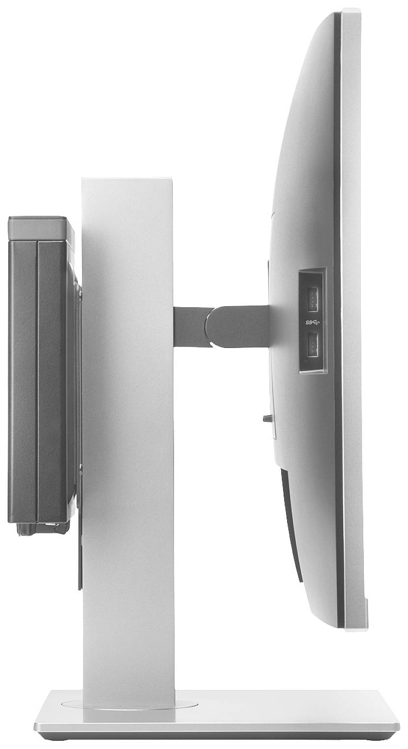 Zijaanzicht van een moderne flatscreen-monitor met smalle rand op een rechthoekige voet.