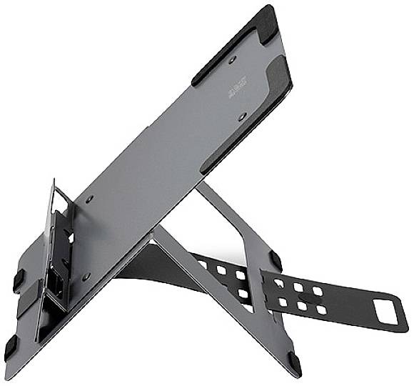 Een verstelbare, opvouwbare laptopstandaard van metaal in het zwart, die een verhoogde positie en ventilatie mogelijk maakt.