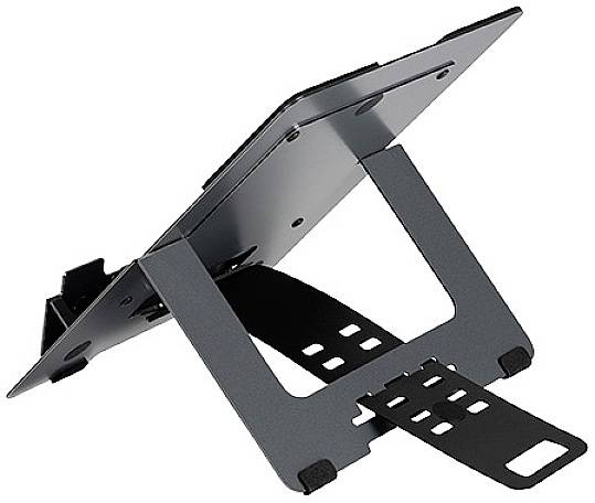 Een metalen laptopstandaard met verstelbare hellingshoek. Ideaal voor het verhogen en stabiliseren van een laptop op een bureau.