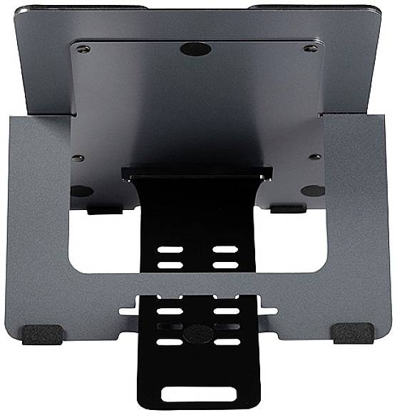 Een laptopstandaard van metaal, stevig en robuust, getoond in een verticale weergave.