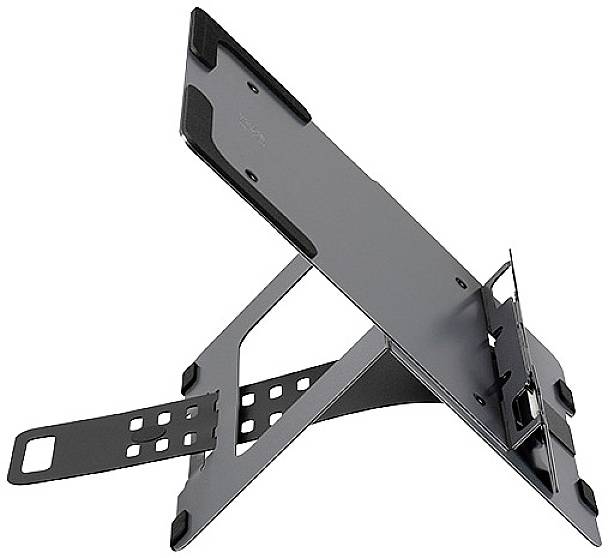 Metalen laptopstandaard met verstelbare hoogte en zwarte afwerking, ondersteunt ventilatie en ergonomie voor laptops.