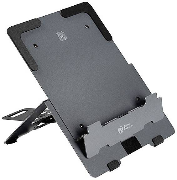 Een grijs-zwarte, verstelbare laptopstandaard met meerdere kantelhoeken. Hij is stevig en geschikt voor ergonomisch werken.