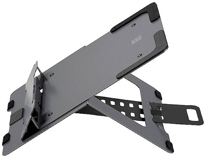 Metalen laptopstandaard, zwart, met verstelbare hoogte en hellingshoek voor ergonomisch werken.