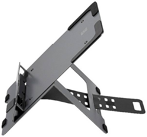 Een opvouwbare laptopstandaard van metaal die verhoogd werken mogelijk maakt en zorgt voor betere ergonomie.