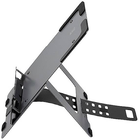Een opvouwbare, zwarte laptopstandaard van metaal met verstelbare hoogte en ventilatieopeningen.