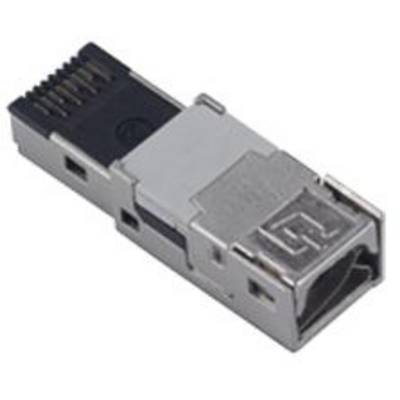 Een rechthoekige metalen adapter met kunststof aansluiting, vaak gebruikt in computernetwerken om gegevens over te dragen.