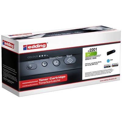 Verpakking van een edding tonercartridge voor HP-printers. Bevat modellen CF540A/203A, kleur Cyaan. 1.000 pagina's afdrukkapaciteit.