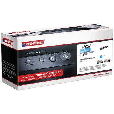 Verpakking van een Edding tonerinktcartridge, compatibel met Samsung printer, modelnummer CLT-C406. Toont toetsindeling van een printerinterface.