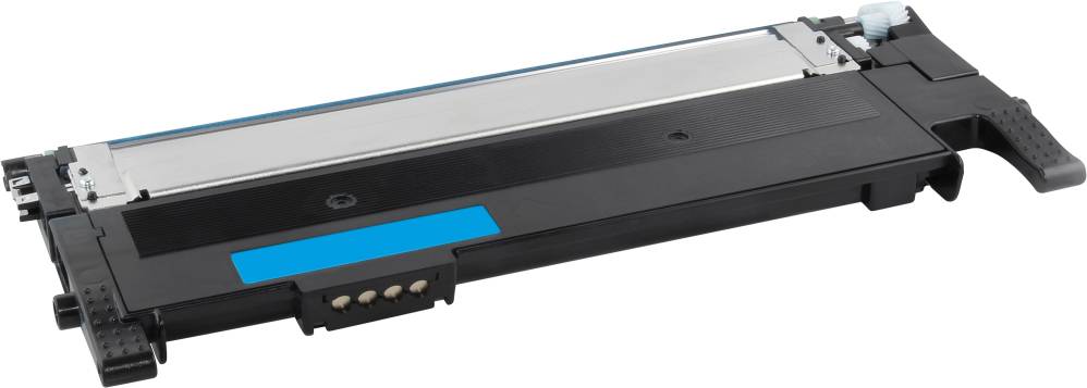 Tonercartridge in zwart en blauw, rechthoekig, met contactpunten, geschikt voor laserprinters.