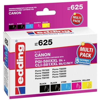 'edding Navulpatronen' voor Canon-printers, model 625. Bevat 5 patronen: Zwart, Cyaan, Magenta, Geel. Compatibel met Pixma TS-series.