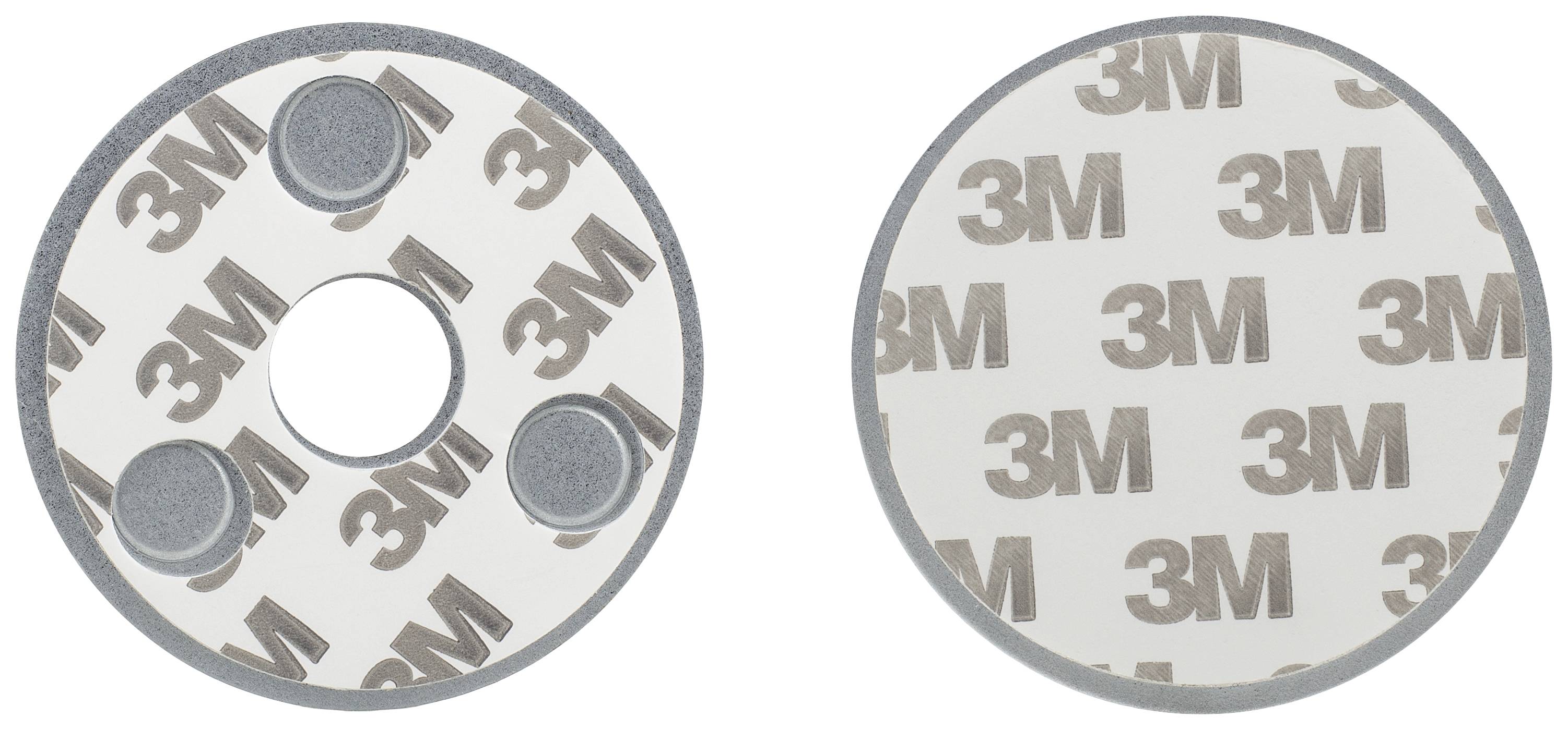 Twee ronde plakpads met 3M-logo. Links: Plakpad met gat en drie cirkels. Rechts: Volledig bedrukt plakpapier met 3M-opschrift.