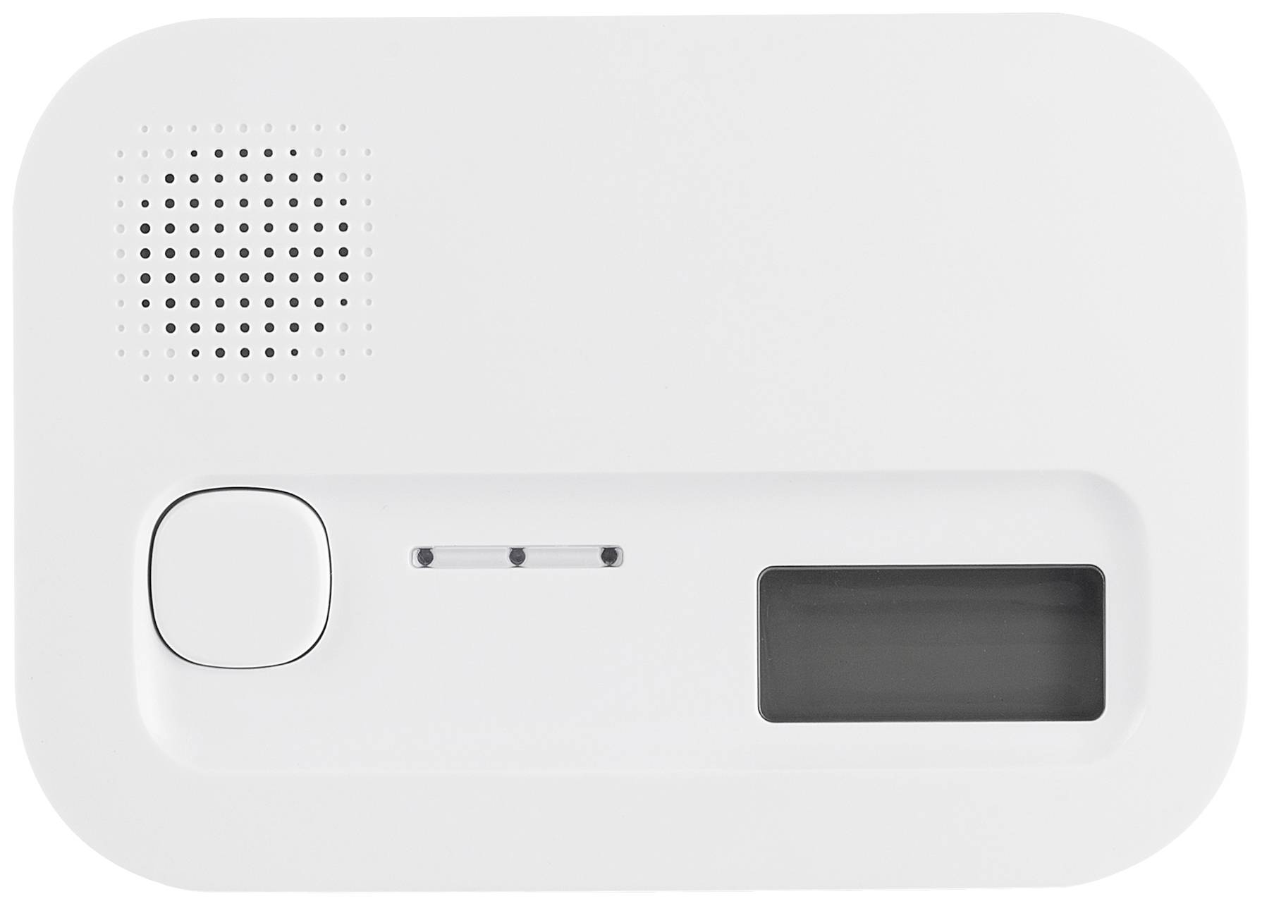 Koolmonoxidmelder met luidspreker, testknop, LED-indicatoren en digitaal display voor het weergeven van het CO-gehalte in de lucht.