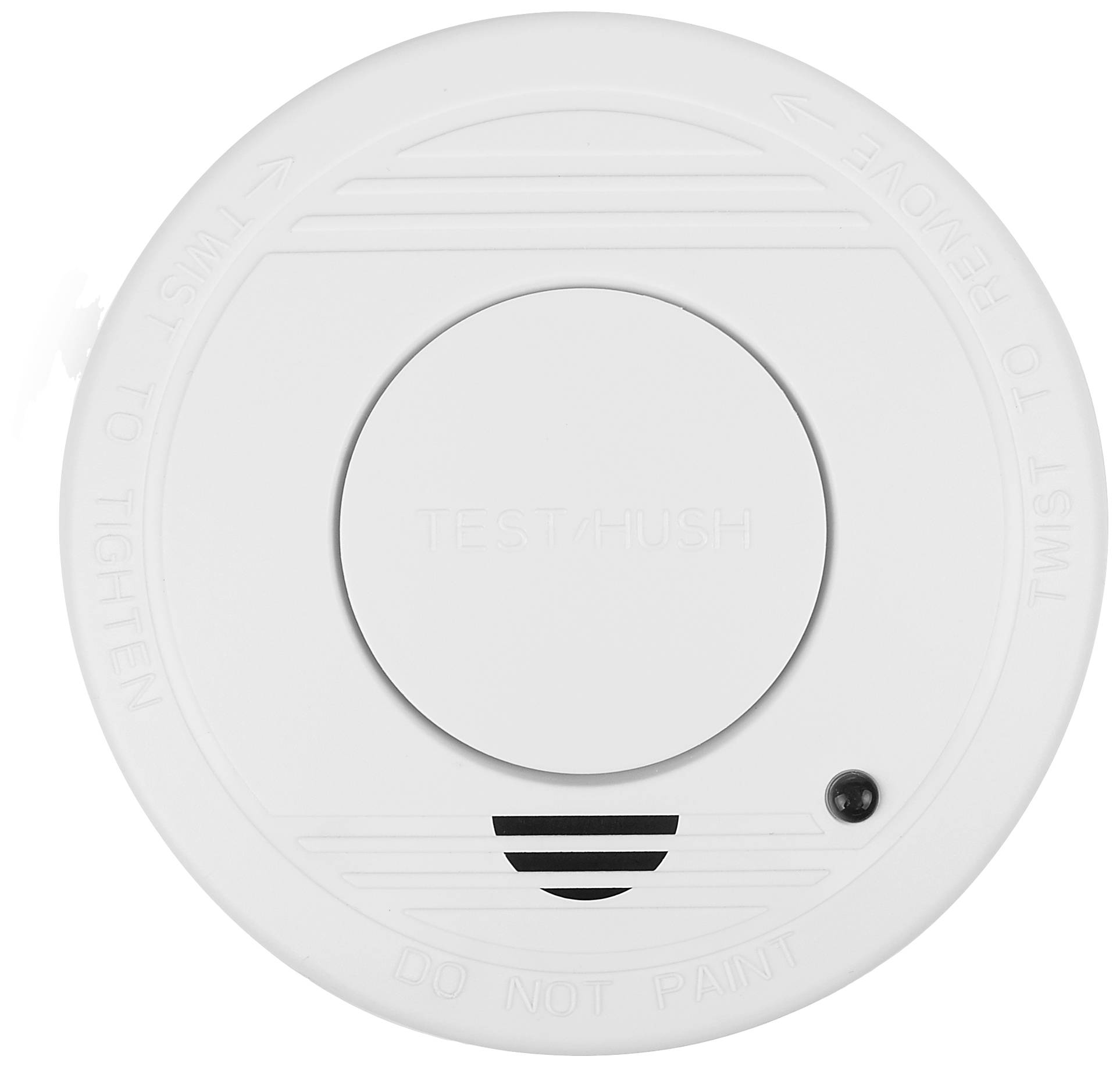 Een ronde, witte rookmelder met de tekst 'TEST/HUSH' in het midden. Kleine details zoals sleuven en sensor zijn zichtbaar.