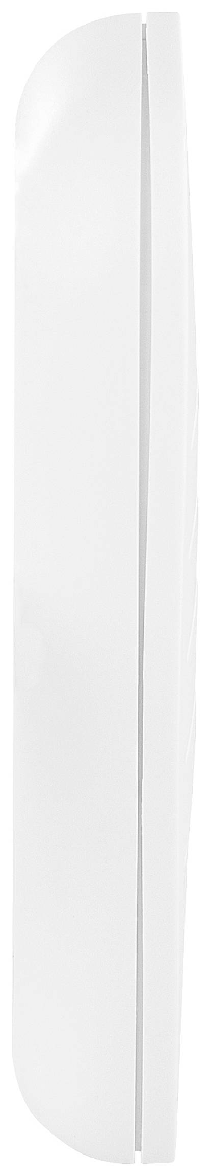 Een wit, smal apparaat gezien vanuit zijaanzicht, waarschijnlijk een elektronisch huishoudelijk apparaat.