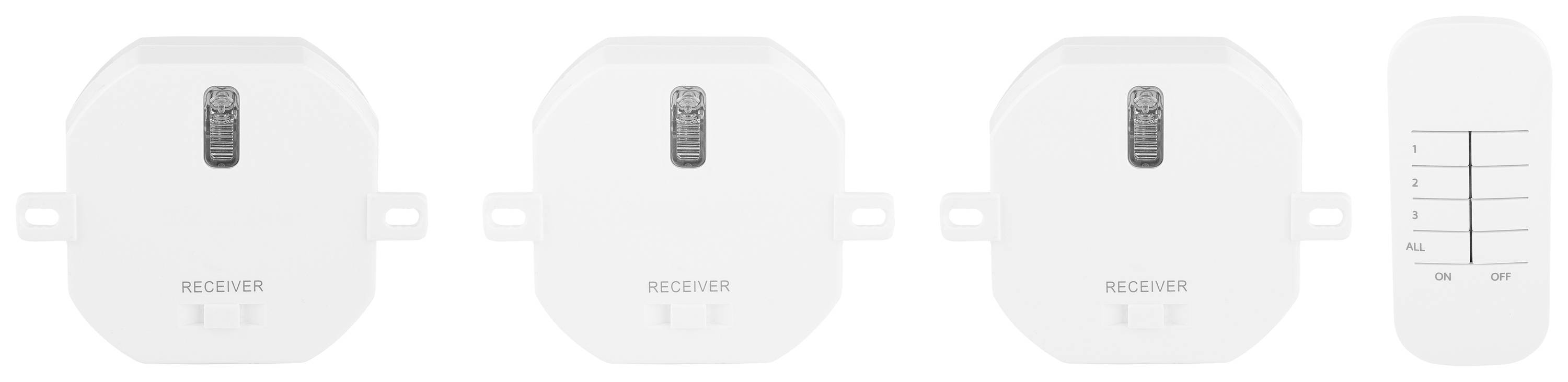 Drie witte ontvangers en een afstandsbediening met vier knoppen. Ontvangers zijn voorzien van het opschrift 'RECEIVER'.